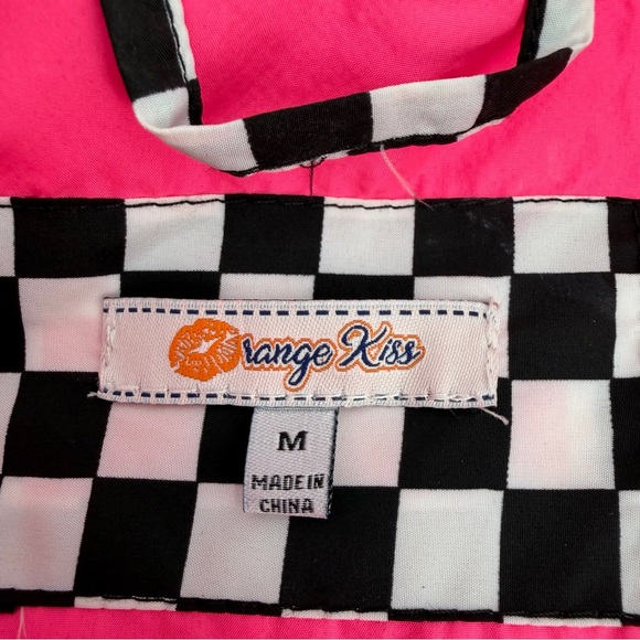 Orange Kiss Windbreaker Womens M Hot Pink Pullover Retro Checkerboard Hoodie Top - Picture 2 of 10